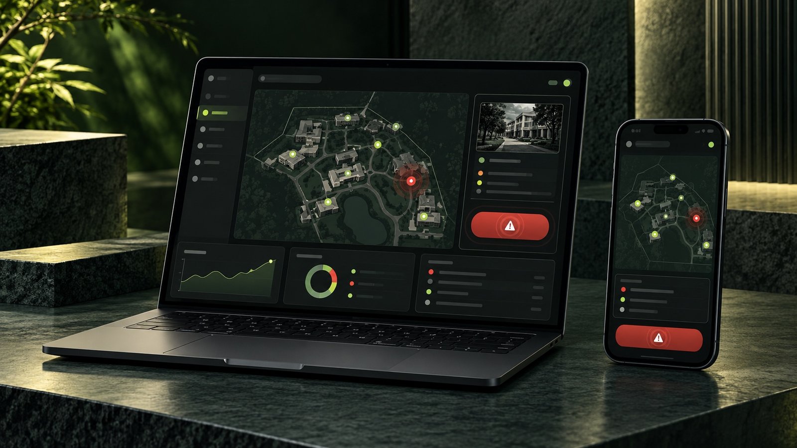 Dark campus safety dashboard with a live map and emergency alerts on laptop and phone