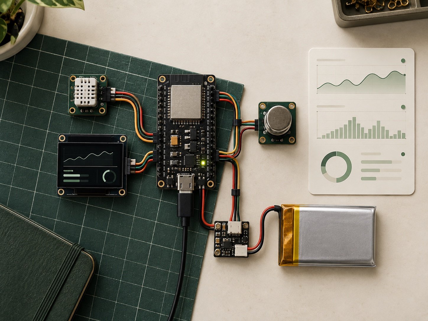 Neatly assembled connected sensor prototype with an ESP32-style board and live data display