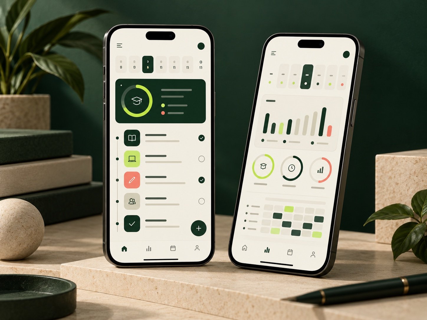 Two smartphones showing a clean study plan and progress dashboard